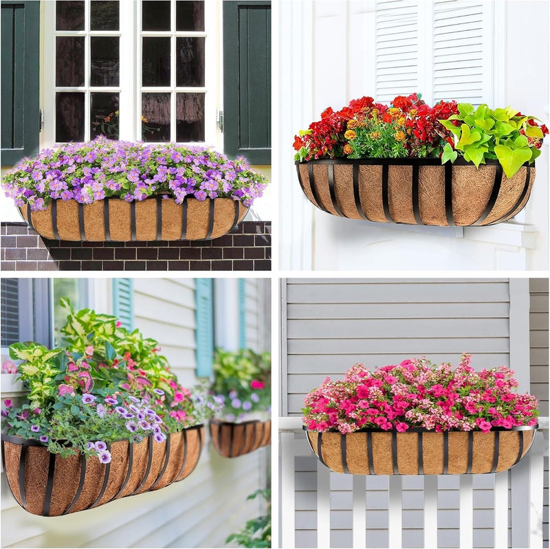 HFHOME 2 Pcs 24" Window Box Deck Railing Planter with Horse Trough Coco Liners, Black Metal Hanging Flower Planters Baskets for Indoor, Outdoor, Balcony, Porch, Fence, Patio, and Lawn - Image 4